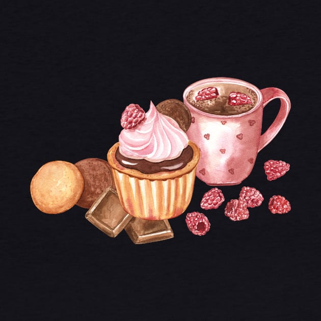 Cupcake and hot chocolate watercolor by Flowersforbear